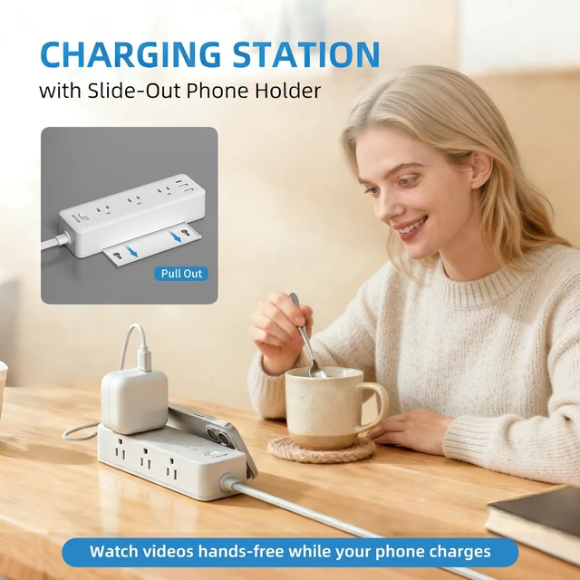 Alt view image 2 of 7 - Flat Plug Extension Cord 5 FT, 6 Outlets, 3 USB, Surge Protector Wall Mountable, USB-C, Phone Holder, 13A Fuse, Overload Protection, Fire-Retardant, Home Office Dorm, White