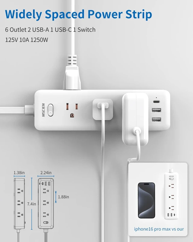 Alt view image 4 of 7 - Flat Plug Extension Cord 5 FT, 6 Outlets, 3 USB, Surge Protector Wall Mountable, USB-C, Phone Holder, 13A Fuse, Overload Protection, Fire-Retardant, Home Office Dorm, White