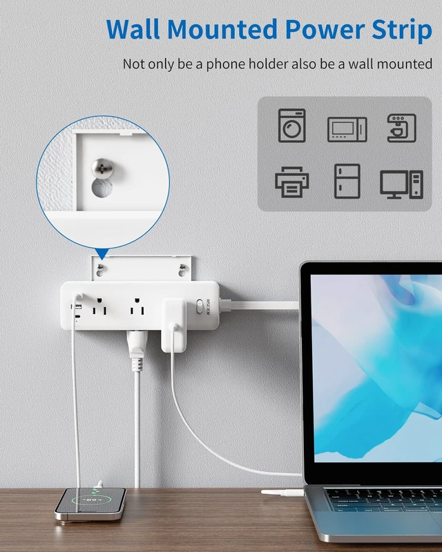 Alt view image 5 of 7 - Flat Plug Extension Cord 5 FT, 6 Outlets, 3 USB, Surge Protector Wall Mountable, USB-C, Phone Holder, 13A Fuse, Overload Protection, Fire-Retardant, Home Office Dorm, White