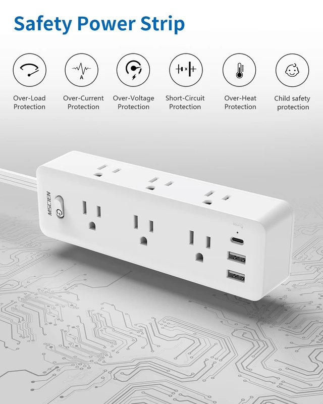 Alt view image 7 of 7 - Flat Plug Extension Cord 5 FT, 6 Outlets, 3 USB, Surge Protector Wall Mountable, USB-C, Phone Holder, 13A Fuse, Overload Protection, Fire-Retardant, Home Office Dorm, White