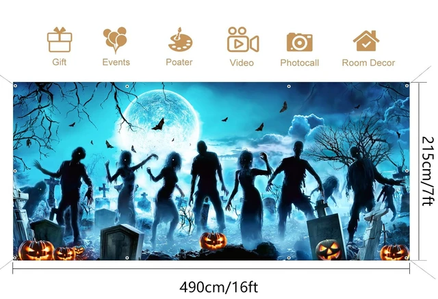Alt view image 3 of 7 - Halloween Garage Door Cover Decorations, Scary Halloween Holiday Pumpkin Banner, Indoor Outdoor Garage Door Murals Buddy Decoration Backdrops Party Phoyography Decor 16X7FT