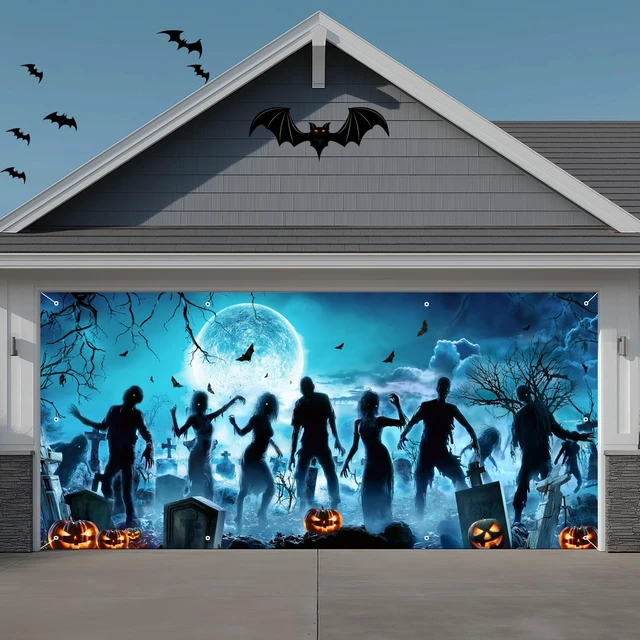 Alt view image 4 of 7 - Halloween Garage Door Cover Decorations, Scary Halloween Holiday Pumpkin Banner, Indoor Outdoor Garage Door Murals Buddy Decoration Backdrops Party Phoyography Decor 16X7FT