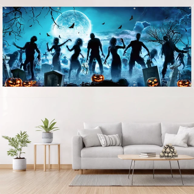 Alt view image 6 of 7 - Halloween Garage Door Cover Decorations, Scary Halloween Holiday Pumpkin Banner, Indoor Outdoor Garage Door Murals Buddy Decoration Backdrops Party Phoyography Decor 16X7FT