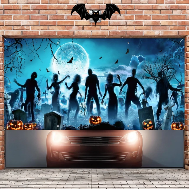 Alt view image 5 of 7 - Halloween Garage Door Cover Decorations, Scary Halloween Holiday Pumpkin Banner, Indoor Outdoor Garage Door Murals Buddy Decoration Backdrops Party Phoyography Decor 16X7FT