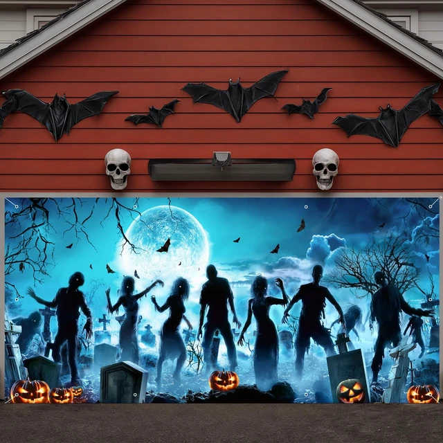 Alt view image 7 of 7 - Halloween Garage Door Cover Decorations, Scary Halloween Holiday Pumpkin Banner, Indoor Outdoor Garage Door Murals Buddy Decoration Backdrops Party Phoyography Decor 16X7FT