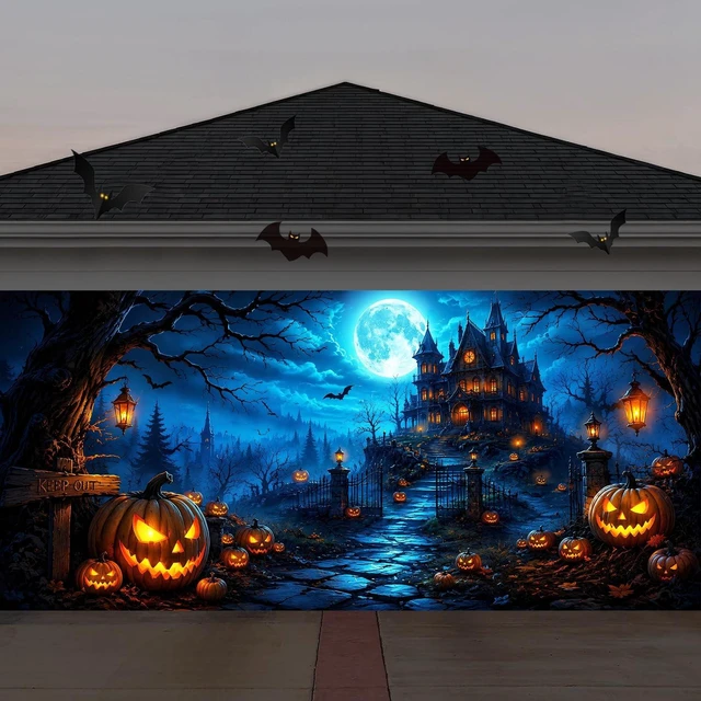 Alt view image 3 of 7 - Halloween Garage Door Cover, Spooky Moon Castle Pumpkin Garage Door Decorations Banner Outdoor, Large Hanging Backdrop for Halloween Party Yard Home Decor Photo Backgrounds 7X16FT