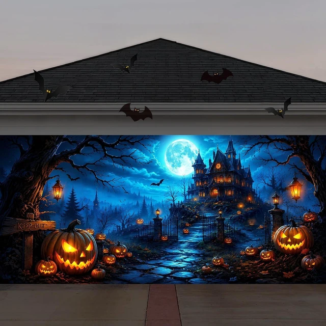 Alt view image 2 of 7 - Halloween Garage Door Cover, Spooky Moon Castle Pumpkin Garage Door Decorations Banner Outdoor, Large Hanging Backdrop for Halloween Party Yard Home Decor Photo Backgrounds 7X16FT