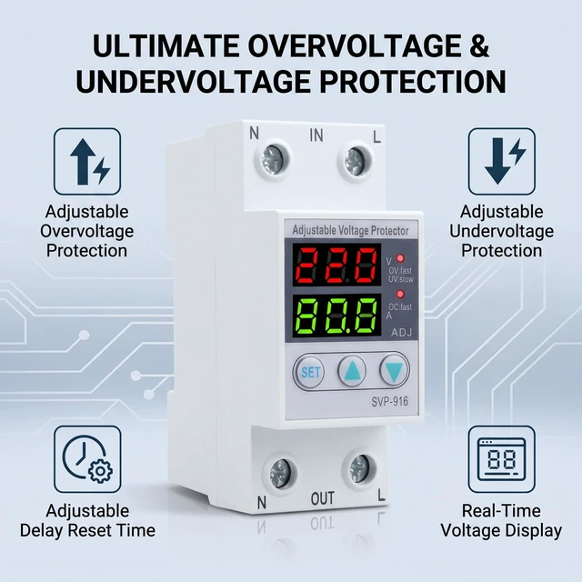 Alt view image 4 of 7 - Adjustable Voltage Protector, 80A 100-130VAC LCD DIN Rail Over Under Voltage Monitor, Trip Settings, Plastic Housing, Fault Reset Delay, Industrial Equipment