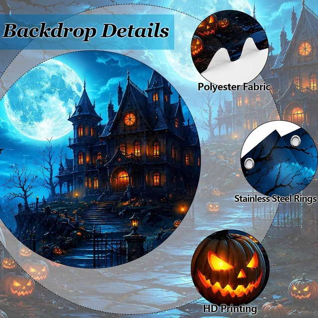 Alt view image 4 of 7 - Halloween Garage Door Cover, Spooky Moon Castle Pumpkin Garage Door Decorations Banner Outdoor, Large Hanging Backdrop for Halloween Party Yard Home Decor Photo Backgrounds 7X16FT