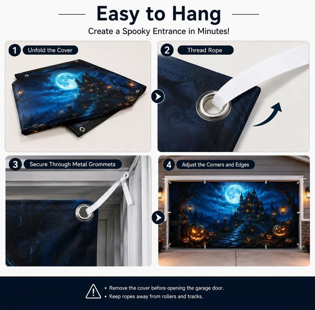 Alt view image 5 of 7 - Halloween Garage Door Cover, Spooky Moon Castle Pumpkin Garage Door Decorations Banner Outdoor, Large Hanging Backdrop for Halloween Party Yard Home Decor Photo Backgrounds 7X16FT