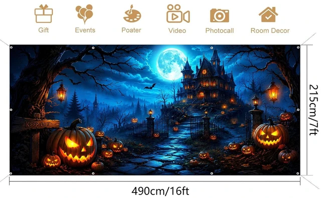 Alt view image 6 of 7 - Halloween Garage Door Cover, Spooky Moon Castle Pumpkin Garage Door Decorations Banner Outdoor, Large Hanging Backdrop for Halloween Party Yard Home Decor Photo Backgrounds 7X16FT