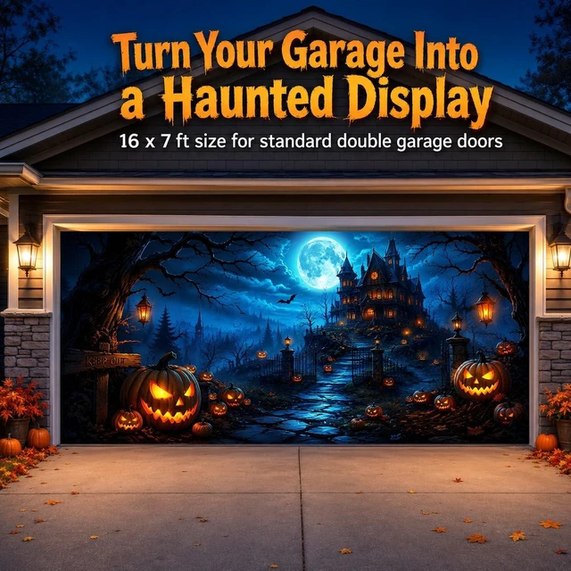Alt view image 7 of 7 - Halloween Garage Door Cover, Spooky Moon Castle Pumpkin Garage Door Decorations Banner Outdoor, Large Hanging Backdrop for Halloween Party Yard Home Decor Photo Backgrounds 7X16FT