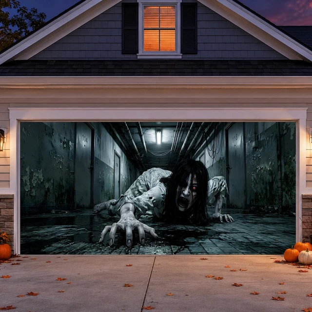 Main image of Halloween Garage Door Decorations, Creepy Crawling Ghost Girl Scary Ghost Garage Door Cover, Garage Buddy Halloween Party Outdoor for Wall Yard Outside Decor Photo Backgrounds 7X16FT