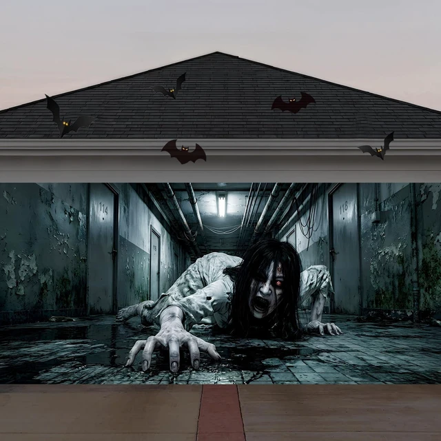 Alt view image 2 of 6 - Halloween Garage Door Decorations, Creepy Crawling Ghost Girl Scary Ghost Garage Door Cover, Garage Buddy Halloween Party Outdoor for Wall Yard Outside Decor Photo Backgrounds 7X16FT