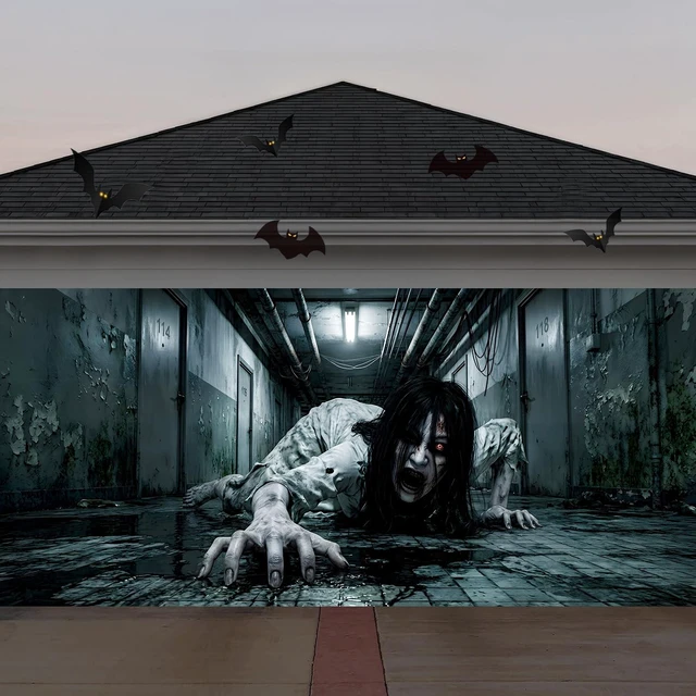 Alt view image 3 of 6 - Halloween Garage Door Decorations, Creepy Crawling Ghost Girl Scary Ghost Garage Door Cover, Garage Buddy Halloween Party Outdoor for Wall Yard Outside Decor Photo Backgrounds 7X16FT