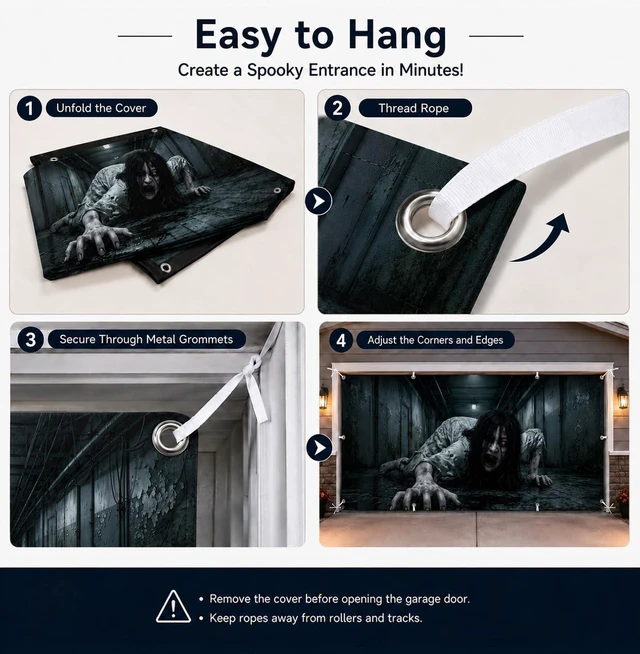 Alt view image 5 of 6 - Halloween Garage Door Decorations, Creepy Crawling Ghost Girl Scary Ghost Garage Door Cover, Garage Buddy Halloween Party Outdoor for Wall Yard Outside Decor Photo Backgrounds 7X16FT