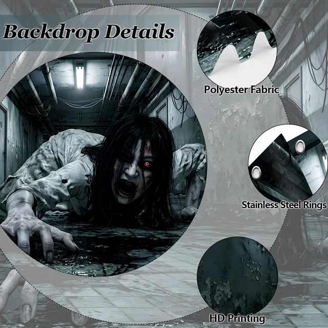 Alt view image 4 of 6 - Halloween Garage Door Decorations, Creepy Crawling Ghost Girl Scary Ghost Garage Door Cover, Garage Buddy Halloween Party Outdoor for Wall Yard Outside Decor Photo Backgrounds 7X16FT