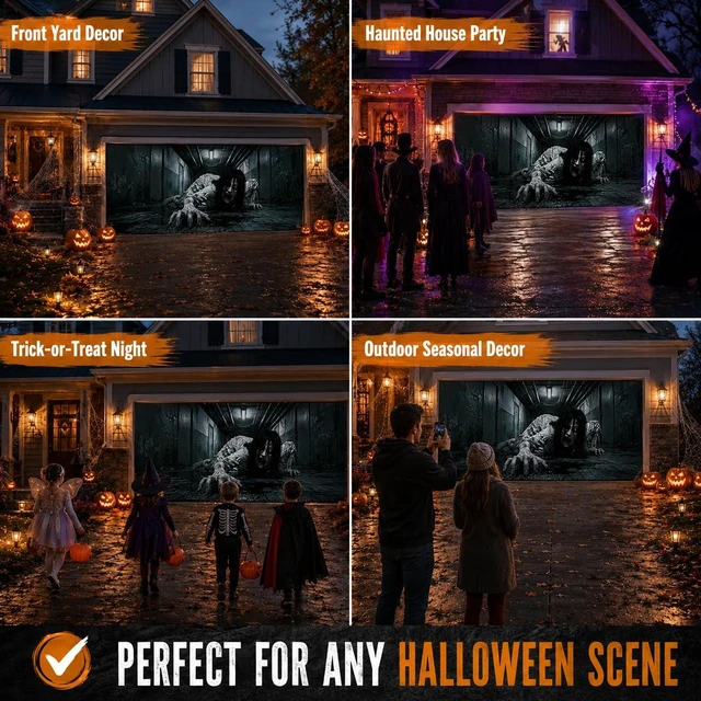 Alt view image 6 of 6 - Halloween Garage Door Decorations, Creepy Crawling Ghost Girl Scary Ghost Garage Door Cover, Garage Buddy Halloween Party Outdoor for Wall Yard Outside Decor Photo Backgrounds 7X16FT