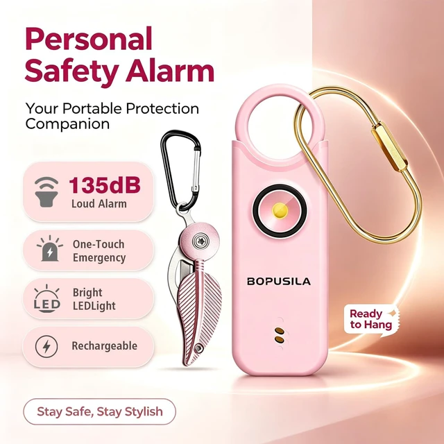 Alt view image 4 of 7 - Personal Safety Alarm for Women with Portable Folding Knife Set Womens safety alarm with pink pocket knife. Practical cutter & stylish selfdefense accessory, compact for purse & pocket