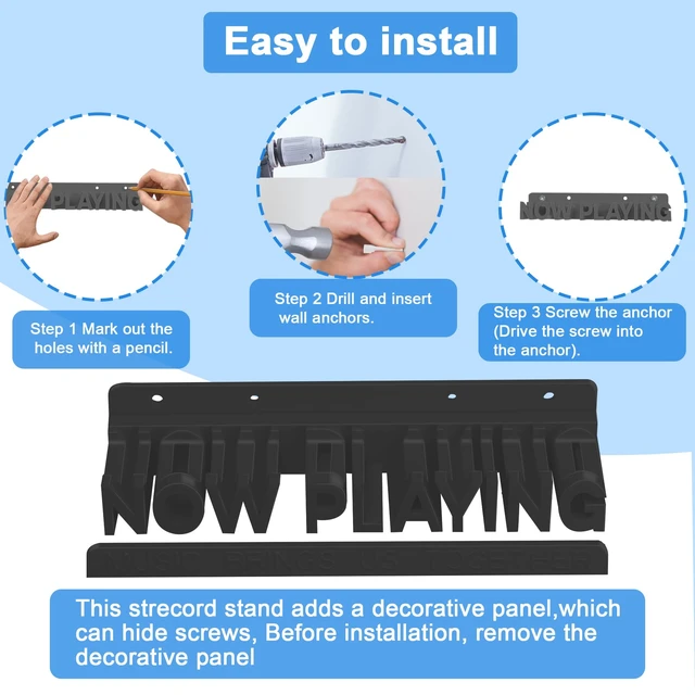 Alt view image 5 of 7 - Premium Wall-Mounted Vinyl Record Shelf, Floating Now Playing Holder for Vinyl Collectors - Home & Office Décor, Record Store Display (3D Design Black)