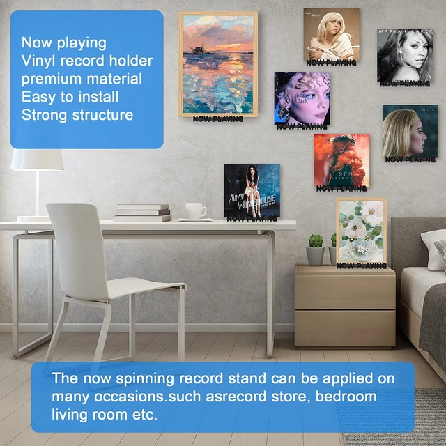 Alt view image 7 of 7 - Premium Wall-Mounted Vinyl Record Shelf, Floating Now Playing Holder for Vinyl Collectors - Home & Office Décor, Record Store Display (3D Design Black)