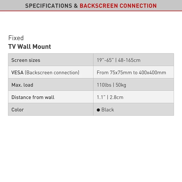 Alt view image 5 of 7 - TV Wall Mount, 19-65 inch Fixed, Flat/Curved Screen Bracket, Holds up to 110 lbs, Auto Lock Patented, Fits LED OLED LCD