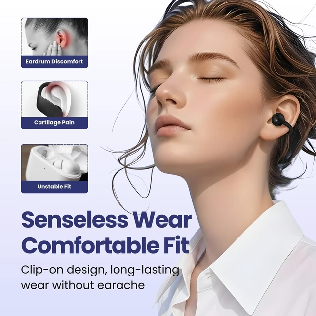 Alt view image 2 of 6 - Clip On Earbuds, Open Ear Wireless Bluetooth 5.4 Headphones, Mic, Black Cuff Fit for Glasses Wearers, Walks, Workouts and Work Calls. 60H LED Charging Case, IPX5, USB-C