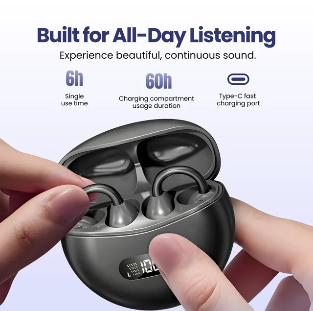 Alt view image 3 of 6 - Clip On Earbuds, Open Ear Wireless Bluetooth 5.4 Headphones, Mic, Black Cuff Fit for Glasses Wearers, Walks, Workouts and Work Calls. 60H LED Charging Case, IPX5, USB-C