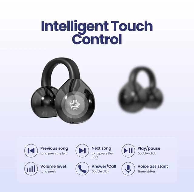 Alt view image 4 of 6 - Clip On Earbuds, Open Ear Wireless Bluetooth 5.4 Headphones, Mic, Black Cuff Fit for Glasses Wearers, Walks, Workouts and Work Calls. 60H LED Charging Case, IPX5, USB-C