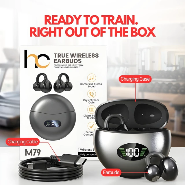 Alt view image 6 of 6 - Clip On Earbuds, Open Ear Wireless Bluetooth 5.4 Headphones, Mic, Black Cuff Fit for Glasses Wearers, Walks, Workouts and Work Calls. 60H LED Charging Case, IPX5, USB-C