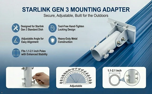 Alt view image 2 of 6 - Pipe Adapter Pole Mount for Starlink Standard 4/4X/Gen3, Adjustable Pole Mount Adapter Kit for Starlink Standard 4/4X Dish, with Multiple Adjustment Capabilitie
