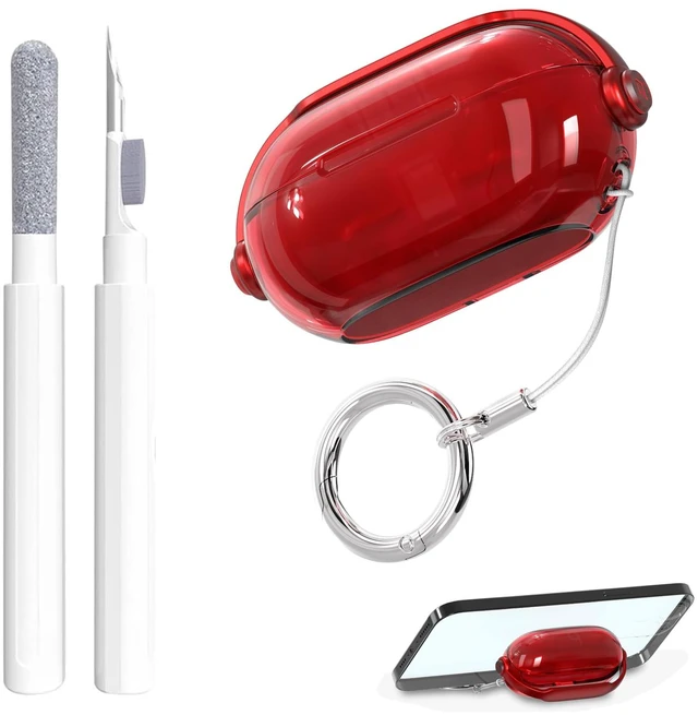 Main image of Secure Lock for Beats Solo Buds Case Clear,Cute Headphone Style Design for Beats Solo Buds Cover,Shockproof Soft TPU Skin for Beat Solo Case with Carabiner&Cleaning Pen Women Girl-Red