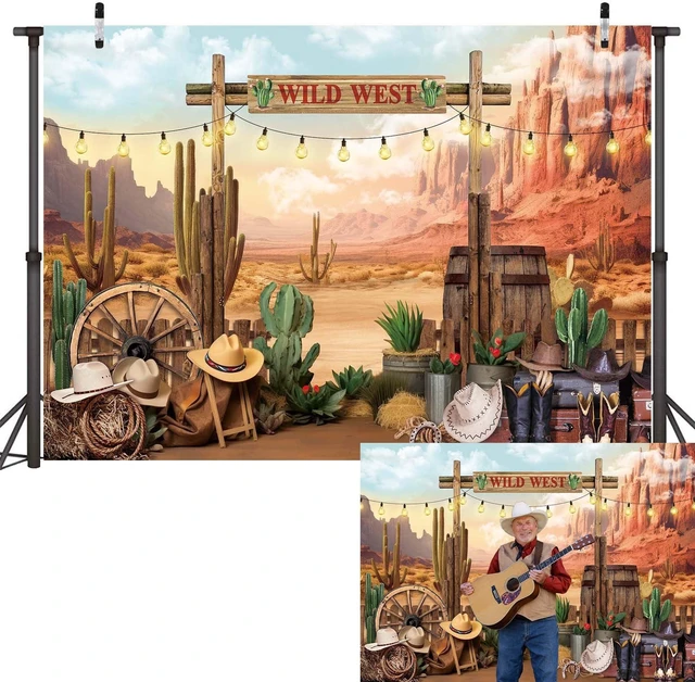 Main image of Wild West Backdrop Western Cowboys Desert Cactus Photography Background Western Party Decorations Banner Photo Props (2.4x1.8m)
