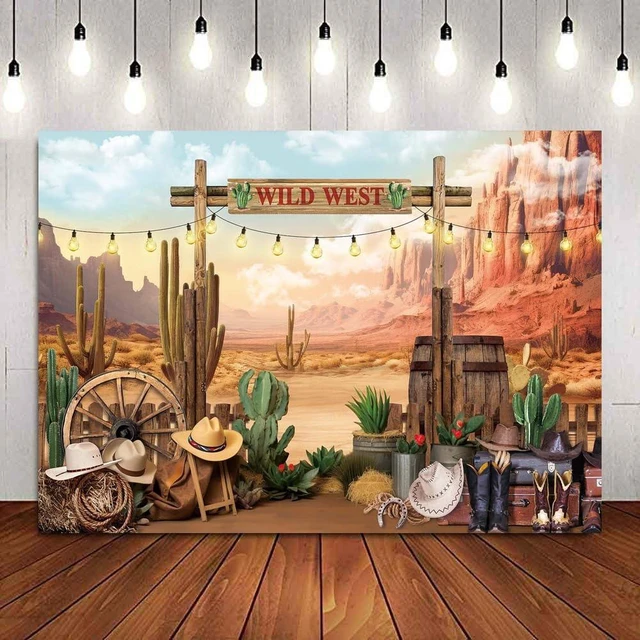 Alt view image 2 of 7 - Wild West Backdrop Western Cowboys Desert Cactus Photography Background Western Party Decorations Banner Photo Props (2.4x1.8m)
