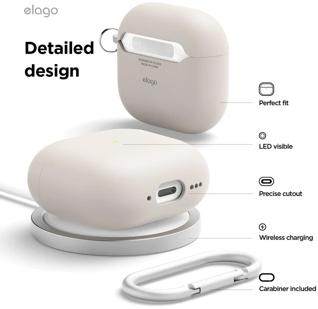 Alt view image 6 of 7 - Liquid Silicone Case for AirPods 5 & AirPods 4 Triple Layer Protection, Carabiner Included, Supports Wireless Charging, Shock Resistant (Stone)