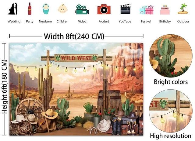 Alt view image 6 of 7 - Wild West Backdrop Western Cowboys Desert Cactus Photography Background Western Party Decorations Banner Photo Props (2.4x1.8m)