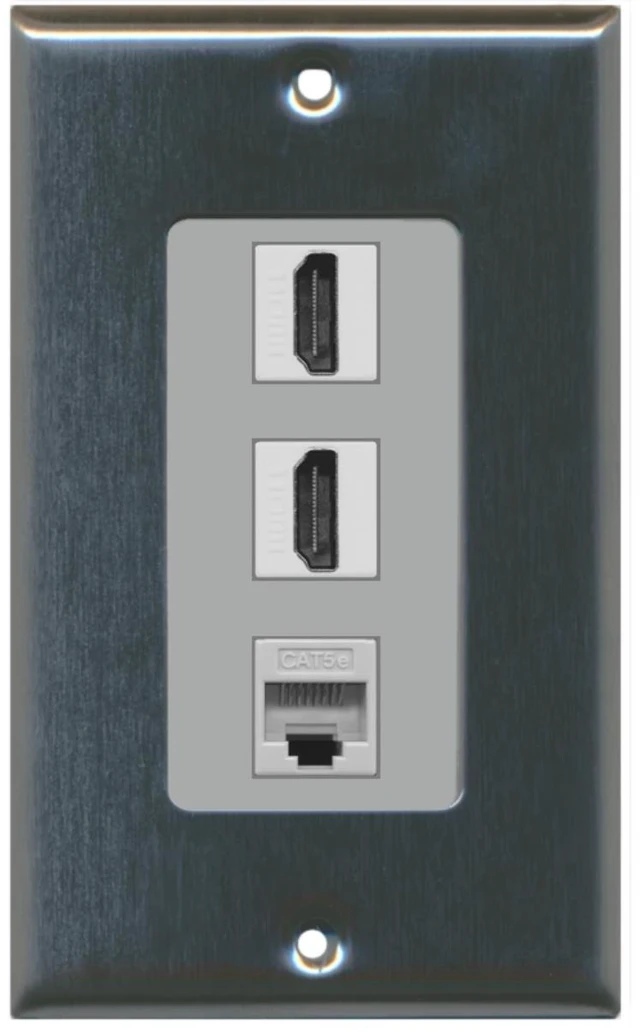 Main image of 2 HDMI and 1 Cat5e White Ethernet Port Wall Plate Decorative - Stainless Steel/Gray