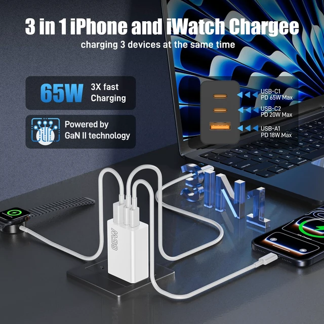 Alt view image 3 of 7 - 65W USB C Charger Block, 2Pack 3 Port PD&AC Super Fast Type C Charging Adapter, 100W Wall Charger Plug Cube for MacBook Pro/Air,iPad Pro,iPhone 17/16/15,Galaxy S25,and More
