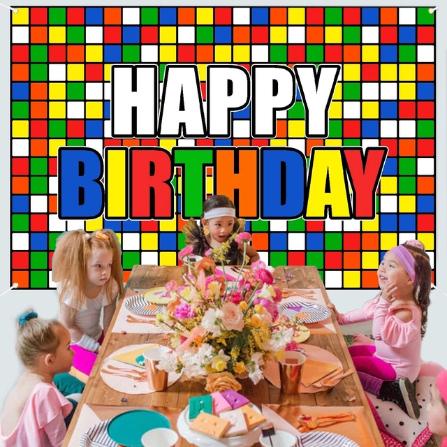 Alt view image 2 of 7 - Colorful Cube Birthday Party Backdrop Banner Puzzle Game Themed Wall Decoration Colorful Plaid Block Backdrop for Boys Girls Birthday Party Photo Photography Prop Booth Background 70.9x47.2in