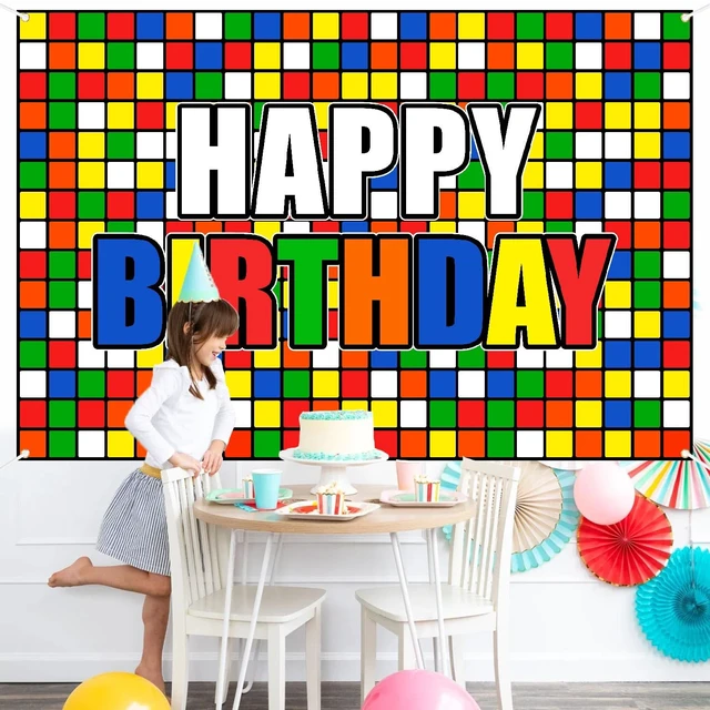 Alt view image 3 of 7 - Colorful Cube Birthday Party Backdrop Banner Puzzle Game Themed Wall Decoration Colorful Plaid Block Backdrop for Boys Girls Birthday Party Photo Photography Prop Booth Background 70.9x47.2in