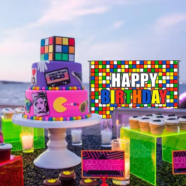 Alt view image 5 of 7 - Colorful Cube Birthday Party Backdrop Banner Puzzle Game Themed Wall Decoration Colorful Plaid Block Backdrop for Boys Girls Birthday Party Photo Photography Prop Booth Background 70.9x47.2in