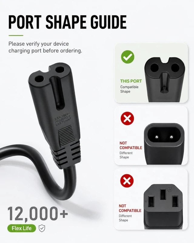 Alt view image 3 of 6 - 6FT 2 Prong Power Cable for NOCO,BONAI,EBL Smart Battery Charger Power Cord 6FT 2 Prong Power Cable