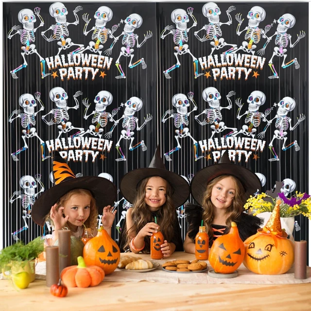 Alt view image 3 of 7 - Foil Curtain Backdrop for Halloween Party Decorations Metallic Tinsel Halloween Theme Photo Booth Props (5 Pcs)