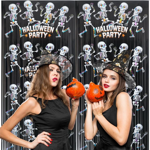 Alt view image 4 of 7 - Foil Curtain Backdrop for Halloween Party Decorations Metallic Tinsel Halloween Theme Photo Booth Props (5 Pcs)