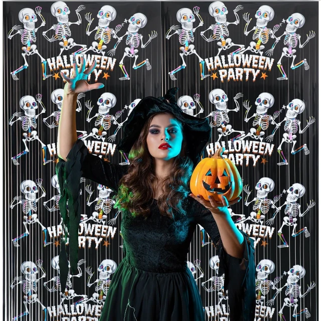 Alt view image 7 of 7 - Foil Curtain Backdrop for Halloween Party Decorations Metallic Tinsel Halloween Theme Photo Booth Props (5 Pcs)