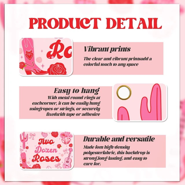 Alt view image 3 of 6 - Two Dozen Roses Backdrop - Pink Floral Western Theme 2nd Birthday Decor, Western Disco Cowgirls Coquette 2nd Birthday Party Decorations 7x5ft