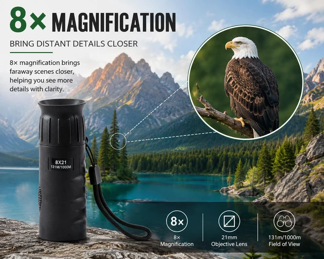 Alt view image 2 of 7 - 8x21 Monocular Telescope for Adults, Compact Pocket Scope with FMC Glass Lens, Lightweight Travel Monocular for Bird Watching, Hiking and Sightseeing