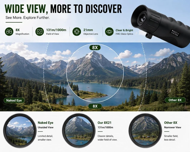 Alt view image 6 of 7 - 8x21 Monocular Telescope for Adults, Compact Pocket Scope with FMC Glass Lens, Lightweight Travel Monocular for Bird Watching, Hiking and Sightseeing