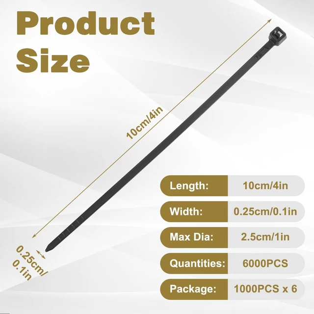 Alt view image 2 of 7 - 6000 PCS 4 Inch Zip Ties Black, 18lbs Tensile Strength, Small Cable Ties for Indoor & Outdoor Use, Nylon Wire Tie Bulk