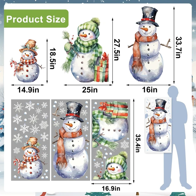 Alt view image 2 of 7 - 3 Sheets Christmas Window Clings Extra Large Snowman Window Decals Xmas Snowflake Double-Sided Windows Stickers Watercolor Christmas Windows Decorations for Xmas Holiday Party Home Office Glass Decor